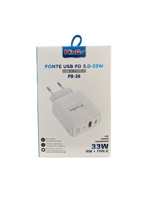 Fonte carregador USB QC + Type C 33W Turbo (PD-38)