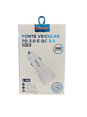 Carregador Veicular USB QC + Type-C 38W Turbo